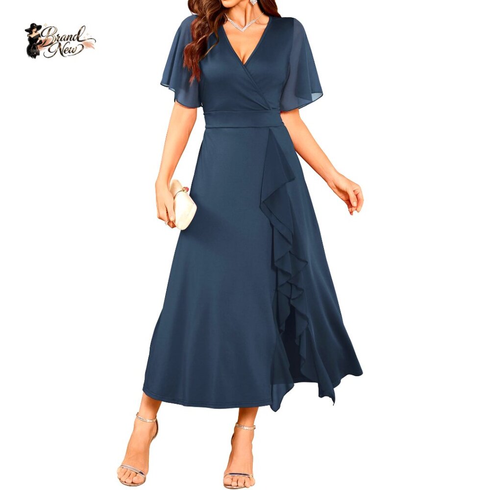 Polyester Blend V-Neck Flared Sleeve Evening Dres… - image 1